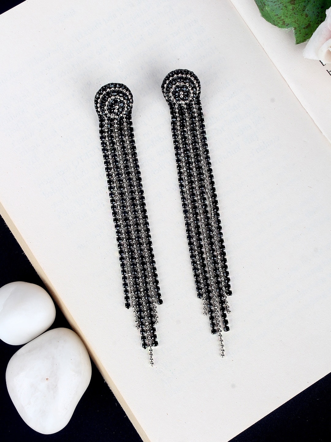 

DressBerry Black Stone Studded Silver-Plated Contemporary Drop Earrings