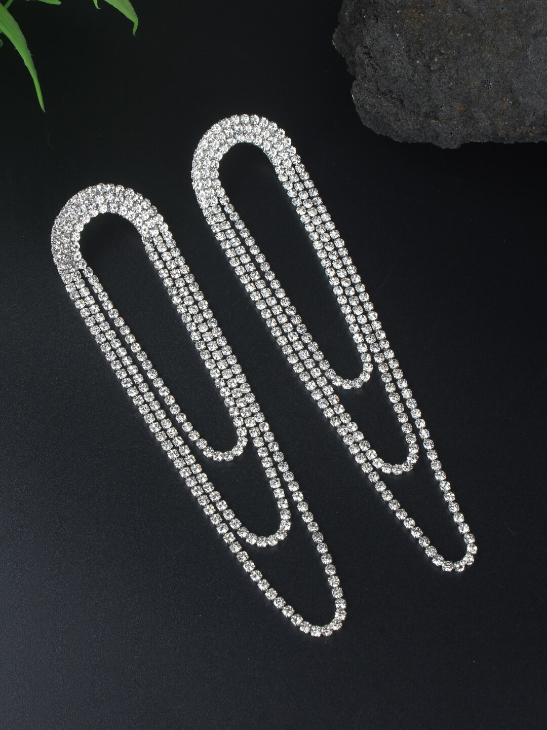 

DressBerry Silver-Plated Rhinestone Studded Brass Contemporary Tasselled Drop Earrings