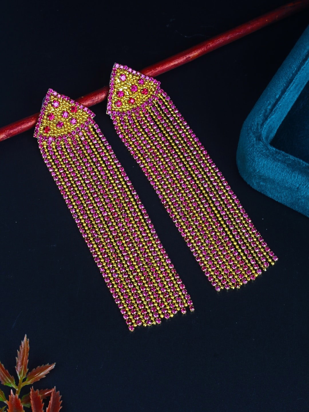 

DressBerry Gold-Plated Rhinestone Studded Brass Contemporary Tasselled Drop Earrings