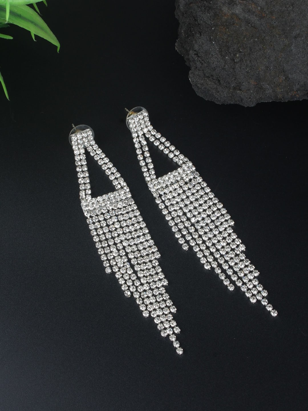 

DressBerry Silver-Plated Rhinestone Studded Brass Contemporary Tasselled Drop Earrings