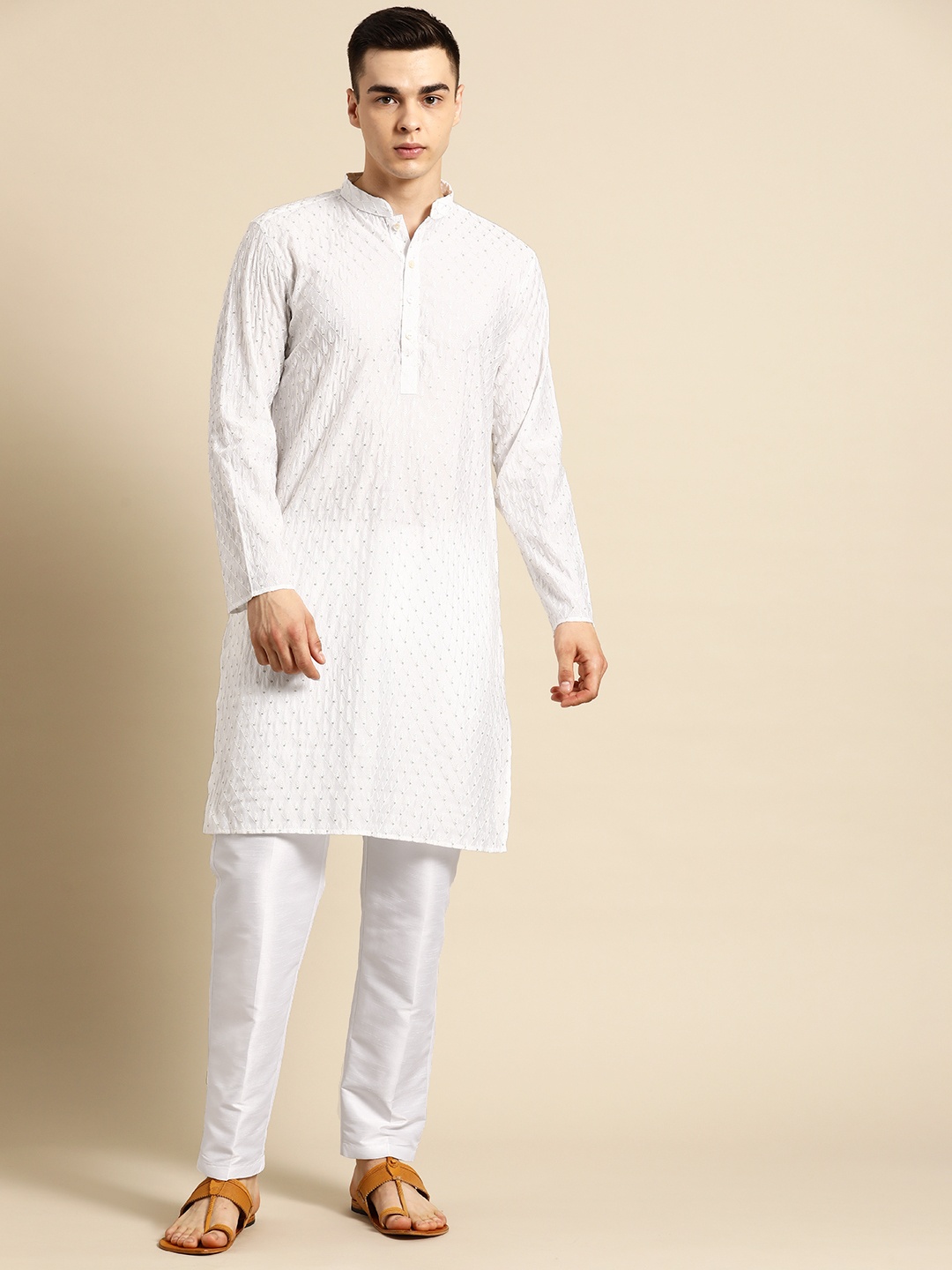 

Sayisha Men Floral Embroidered Sequinned Pure Silk Kurta with Trousers, White