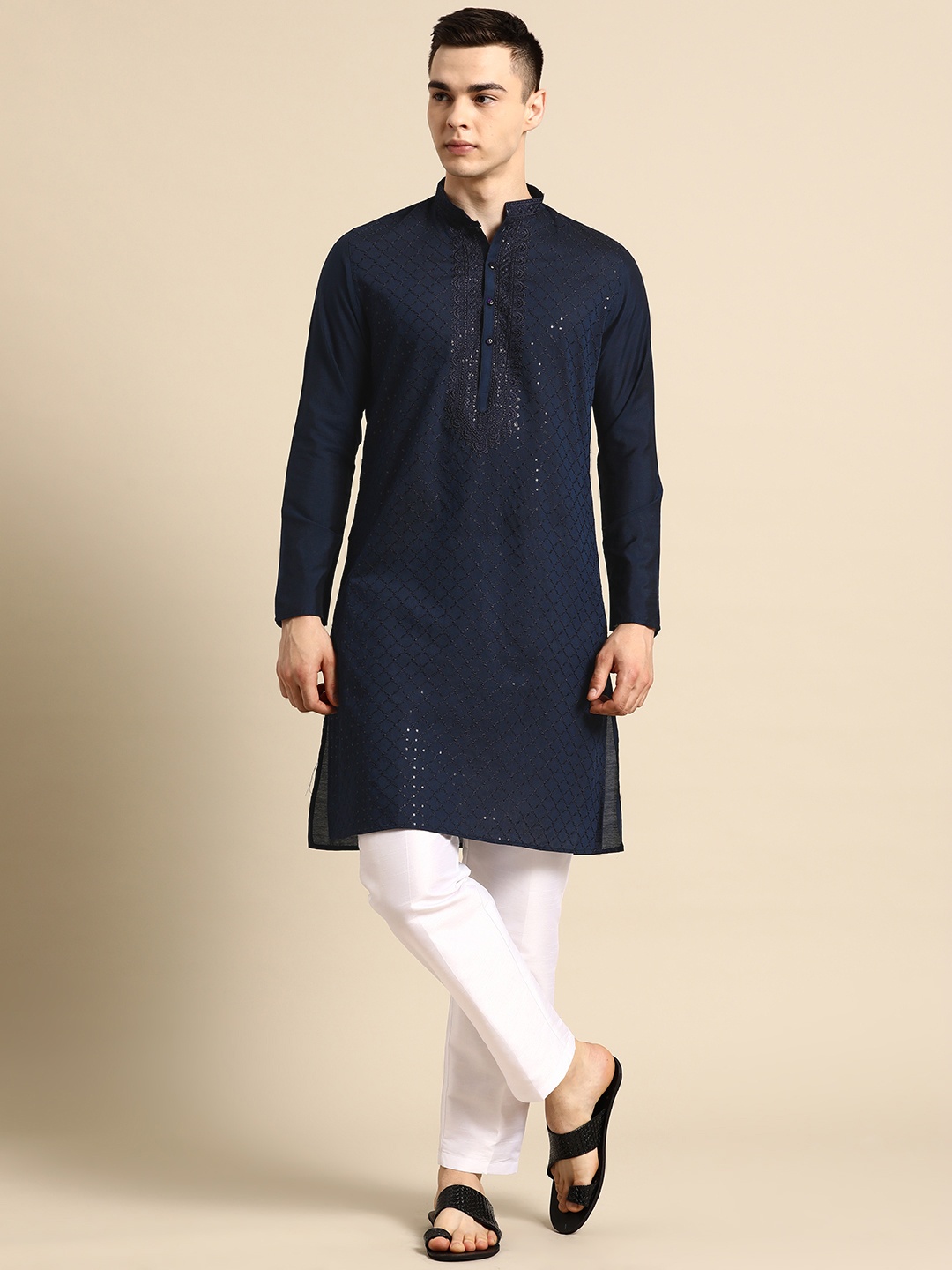 

Sayisha Men Embroidered Sequinned Pure Cotton Kurta with Pyjamas, Navy blue