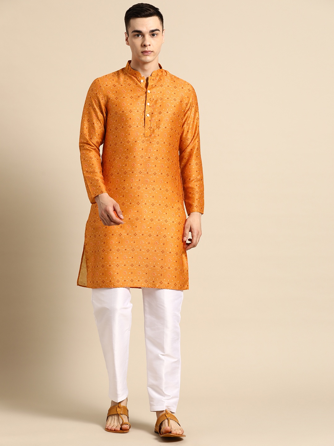 

Sayisha Men Ethnic Motifs Printed Pure Silk Kurta with Pyjamas, Mustard