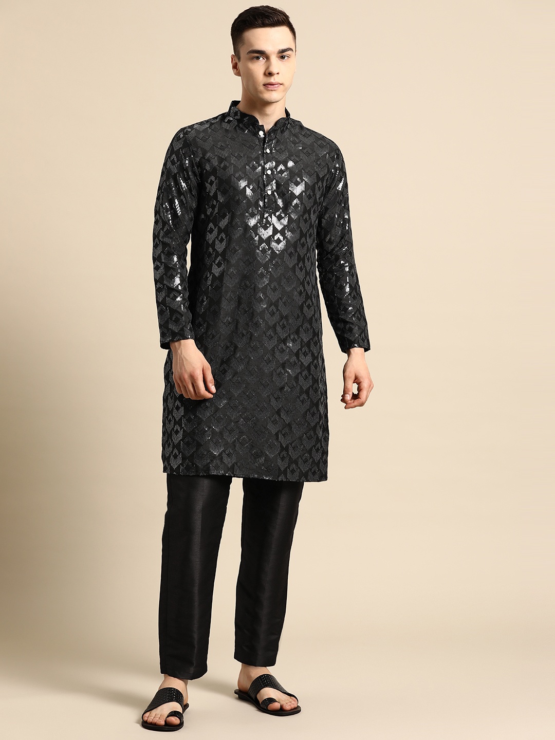 

Sayisha Men Embroidered Sequinned Pure Silk Kurta with Pyjamas, Black