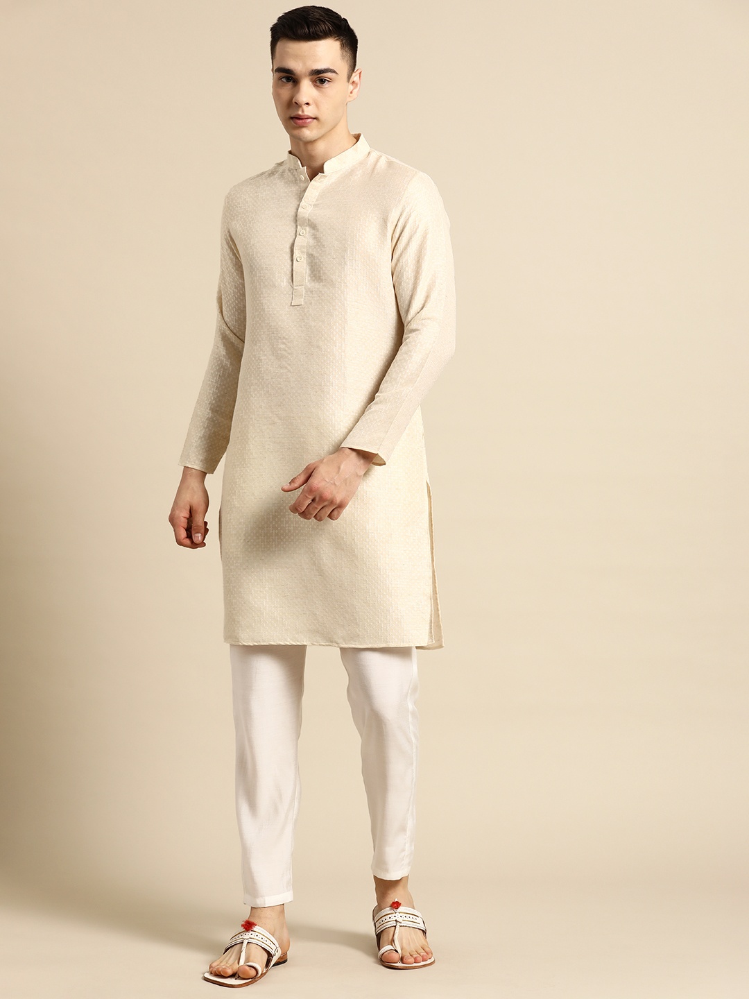 

Sayisha Men Woven Design Pure Cotton Kurta with Pyjamas, Off white