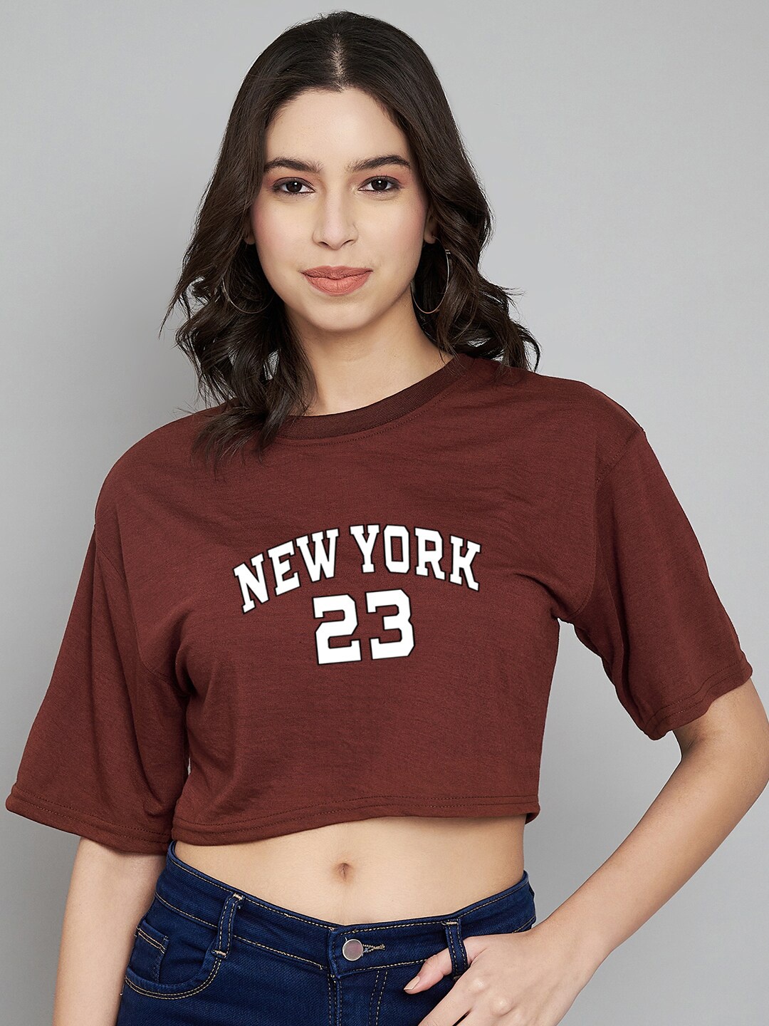 

Trend Level Typography Printed Round Neck Drop-Shoulder Sleeves Cotton Crop Boxy T-shirt, Brown