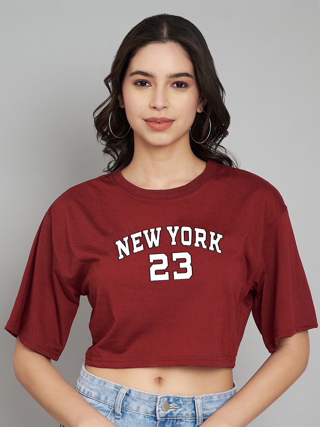 

Trend Level Typography Printed Round Neck Drop-Shoulder Sleeves Cotton Crop Boxy T-shirt, Maroon