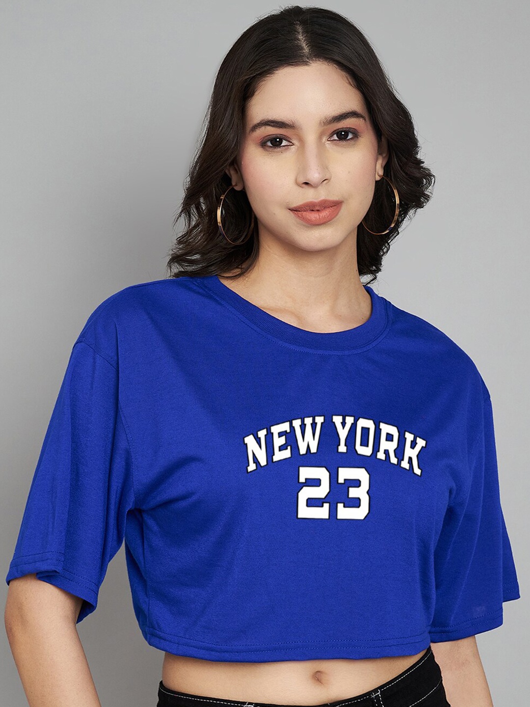 

Trend Level Typography Printed Cotton Crop T-shirt, Blue