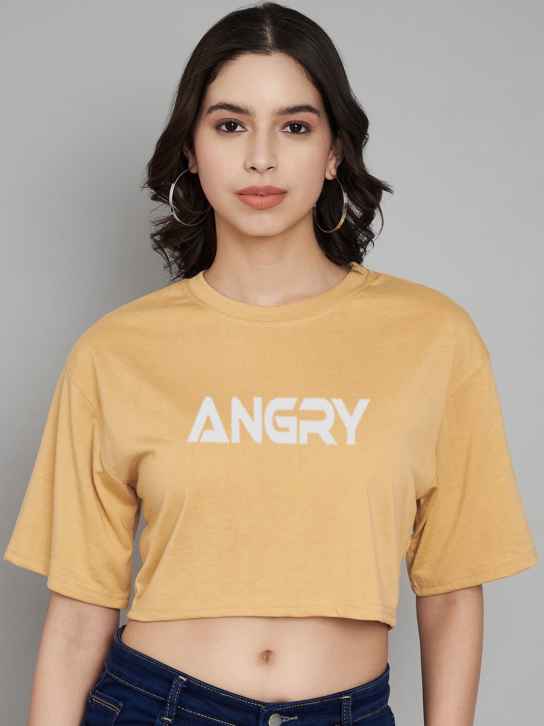 Trend Level Typography Printed Cotton Crop T-shirt, Beige