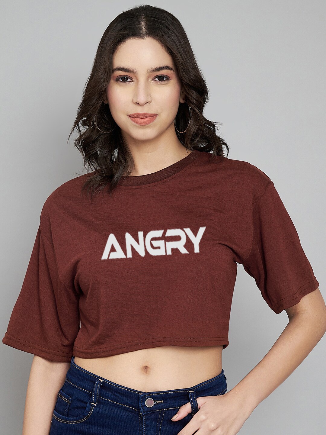 

Trend Level Typography Printed Cotton Crop T-shirt, Brown