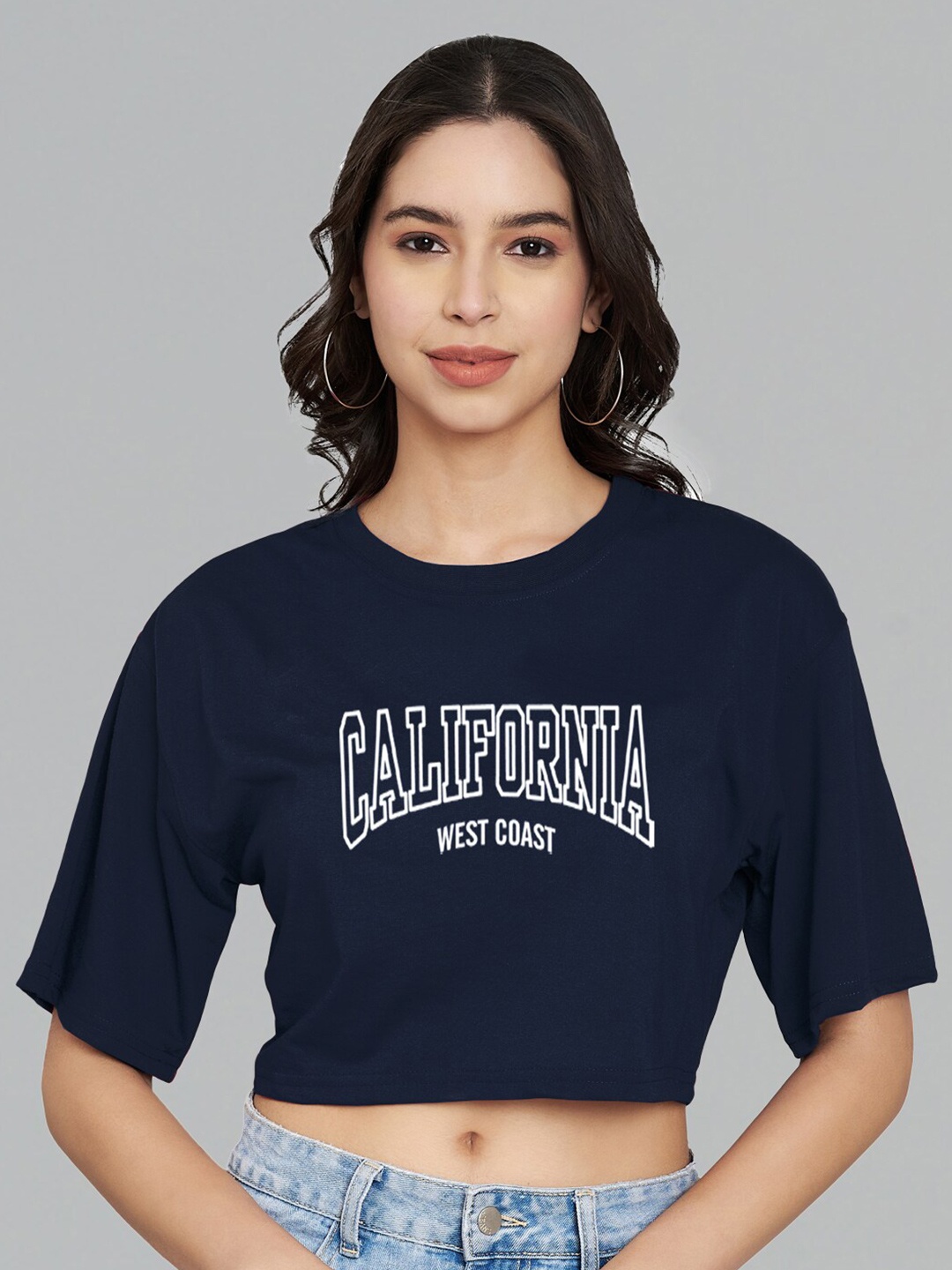 

Trend Level Typography Printed Cotton Crop T-shirt, Navy blue