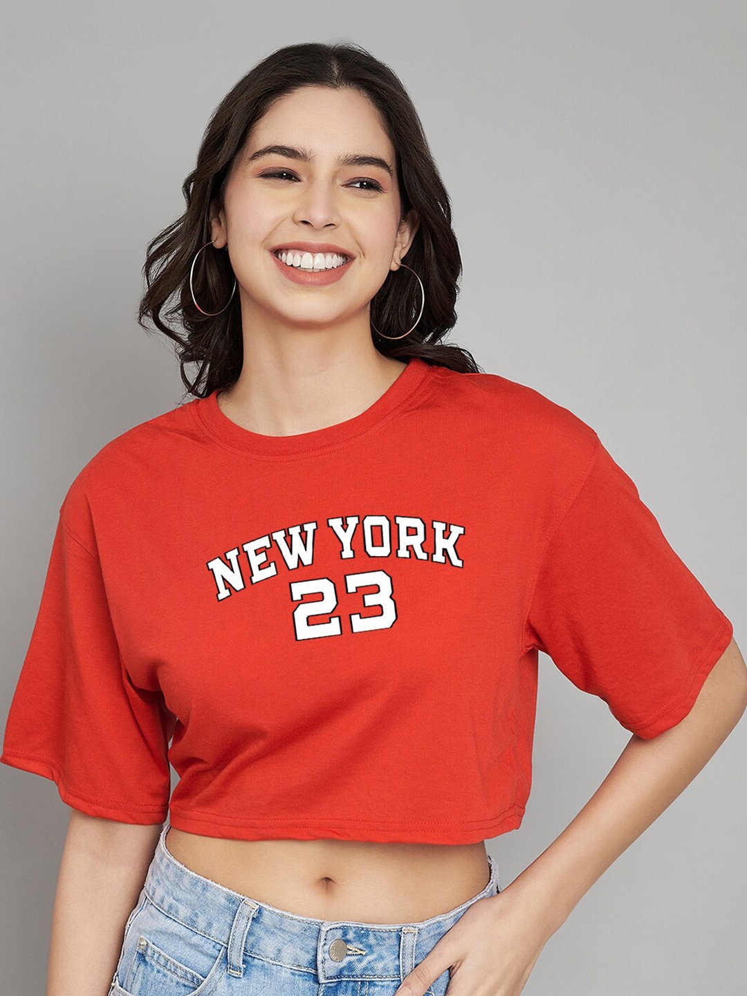 

Trend Level Typography Printed Round Neck Drop-Shoulder Sleeves Cotton Crop Boxy T-shirt, Red