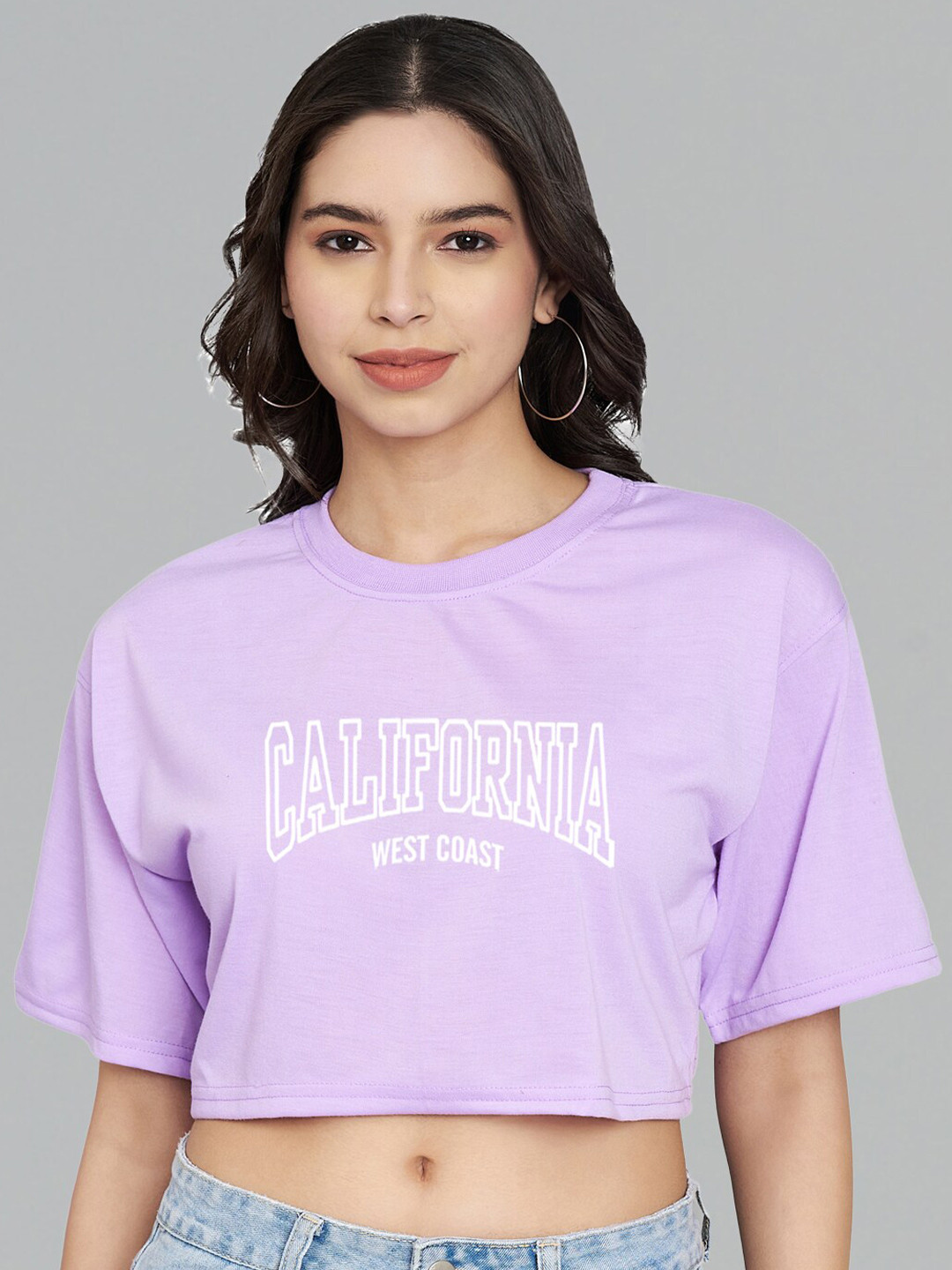 

Trend Level Typography Printed Round Neck Drop-Shoulder Sleeves Cotton Crop Boxy T-shirt, Lavender