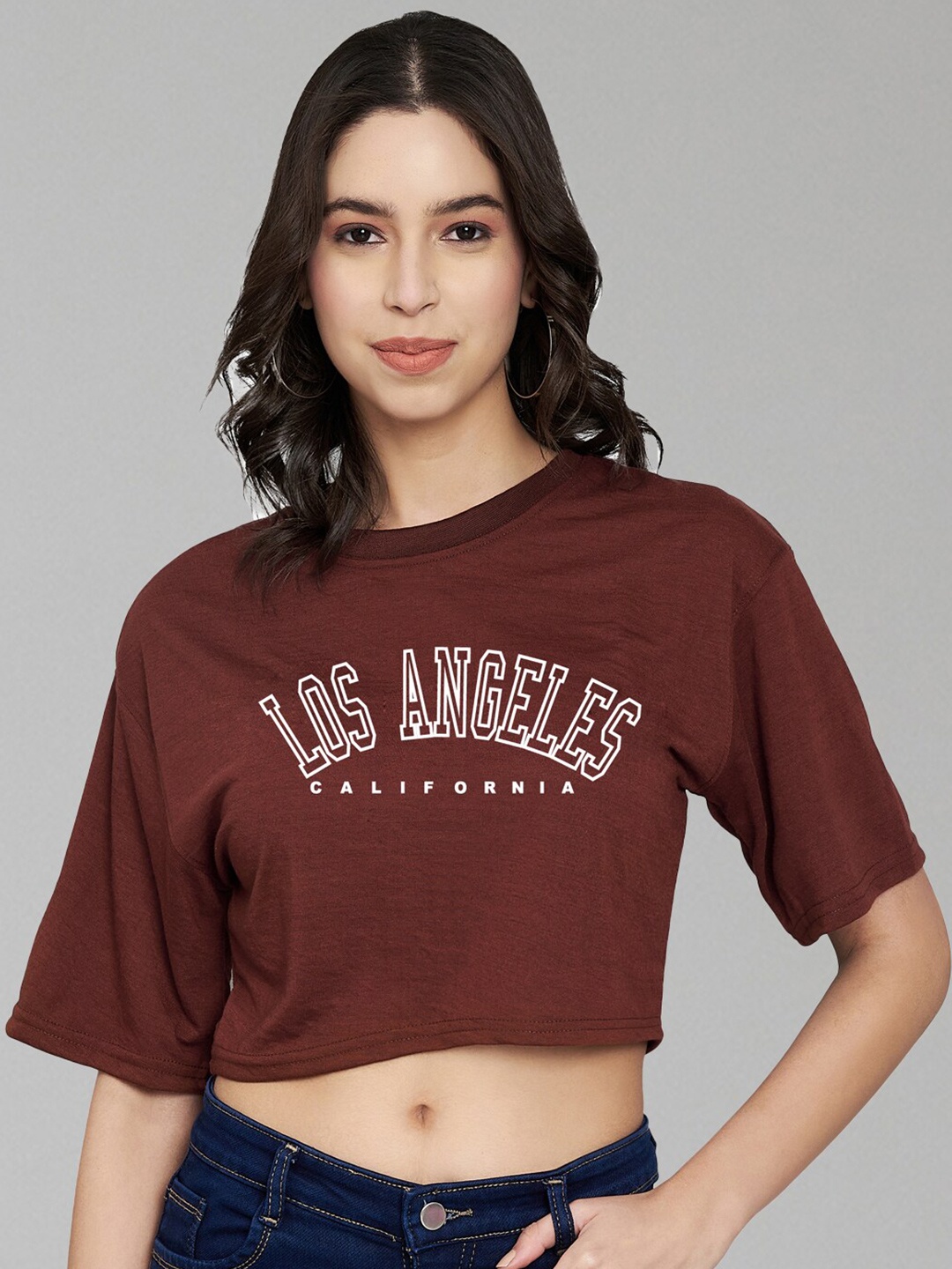 

Trend Level Typography Printed Round Neck Drop-Shoulder Sleeves Cotton Crop Boxy T-shirt, Brown