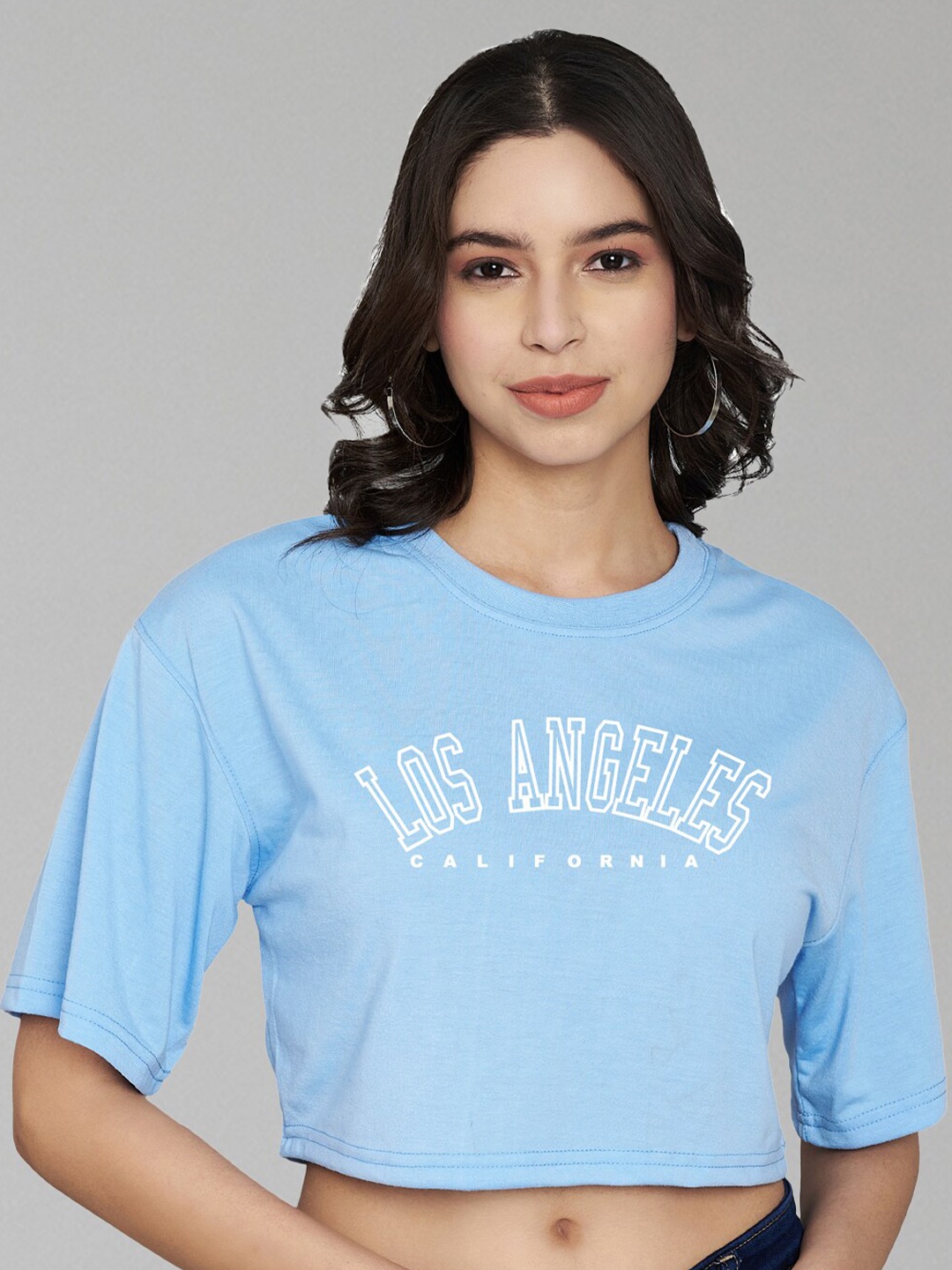 

Trend Level Typography Printed Cotton Crop T-shirt, Turquoise blue
