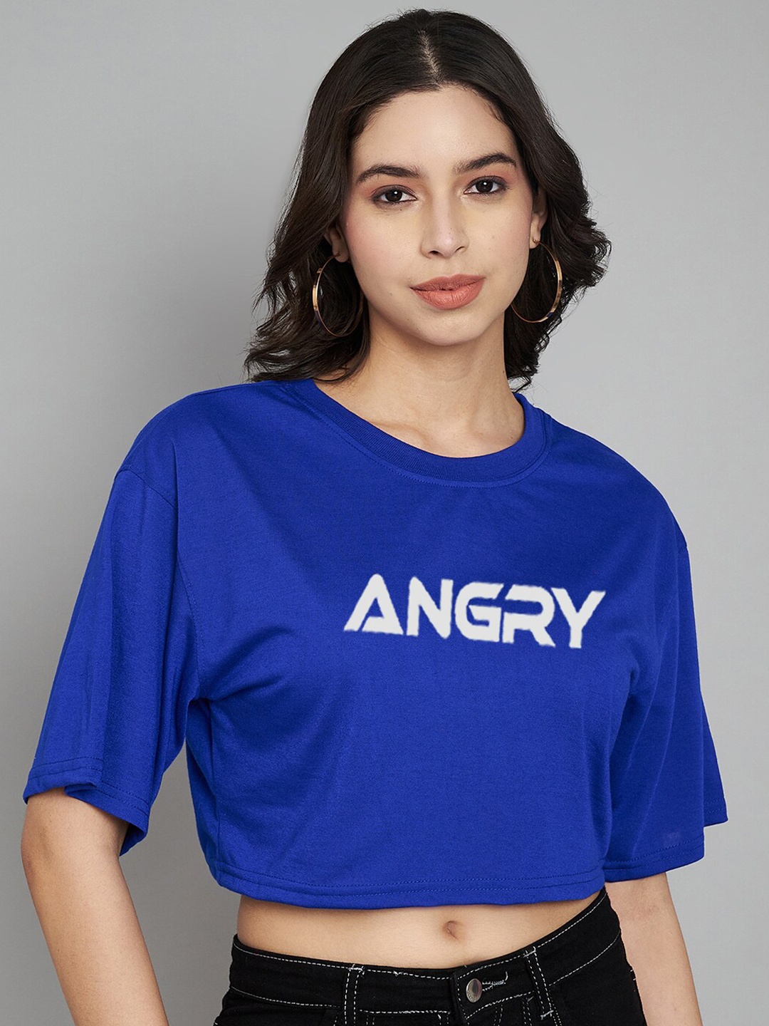 Trend Level Typography Printed Cotton Crop T-shirt, Blue