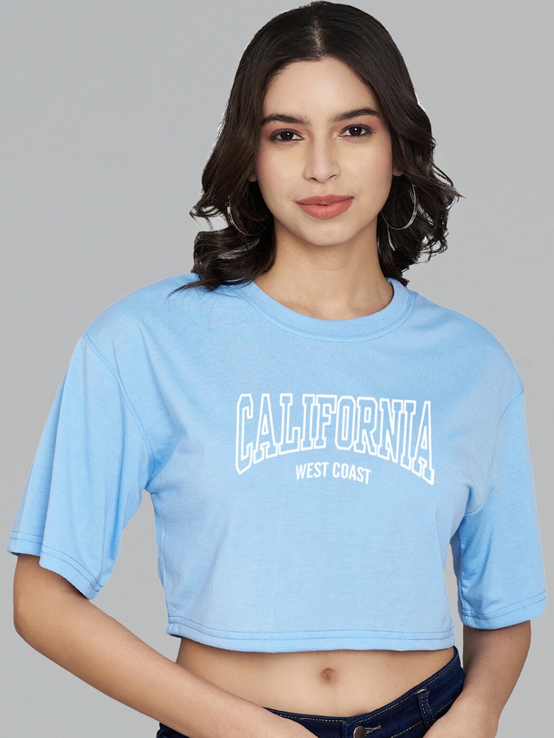 

Trend Level Typography Printed Cotton Crop T-shirt, Turquoise blue