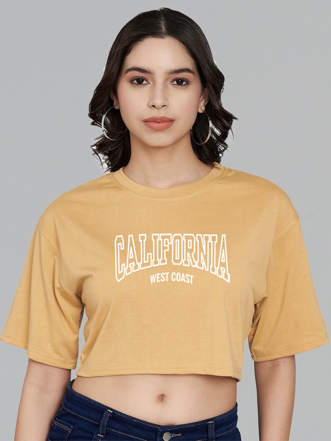 

Trend Level Typography Printed Cotton Crop T-shirt, Beige