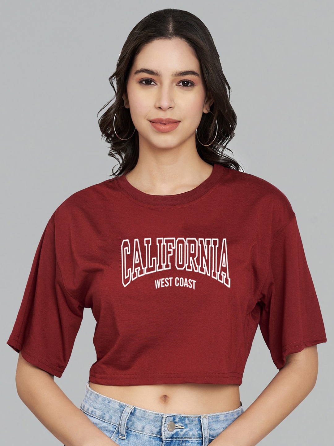 

Trend Level Typography Printed Cotton Crop T-shirt, Maroon