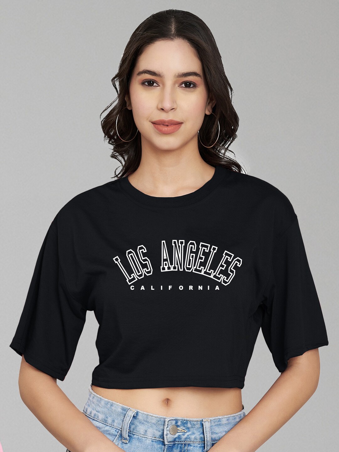 

Trend Level Typography Printed Drop Shoulder Sleeves Crop Pure Cotton T-shirt, Black
