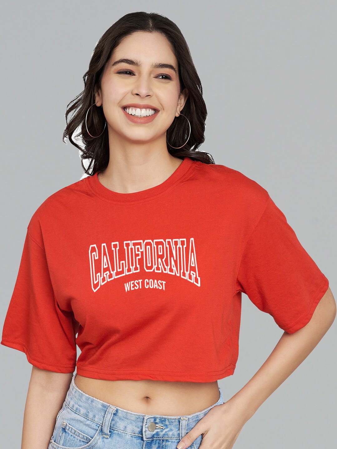 

Trend Level Typography Printed Drop Shoulder Sleeves Crop Pure Cotton T-shirt, Red