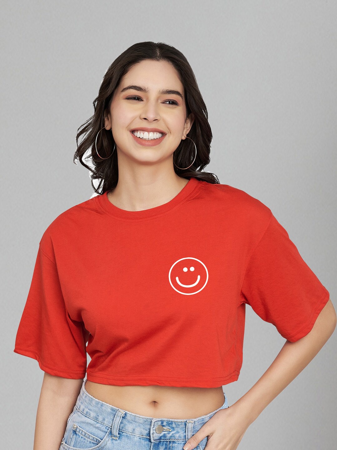 

Trend Level Graphic Printed Drop Shoulder Sleeves Crop Pure Cotton T-shirt, Red