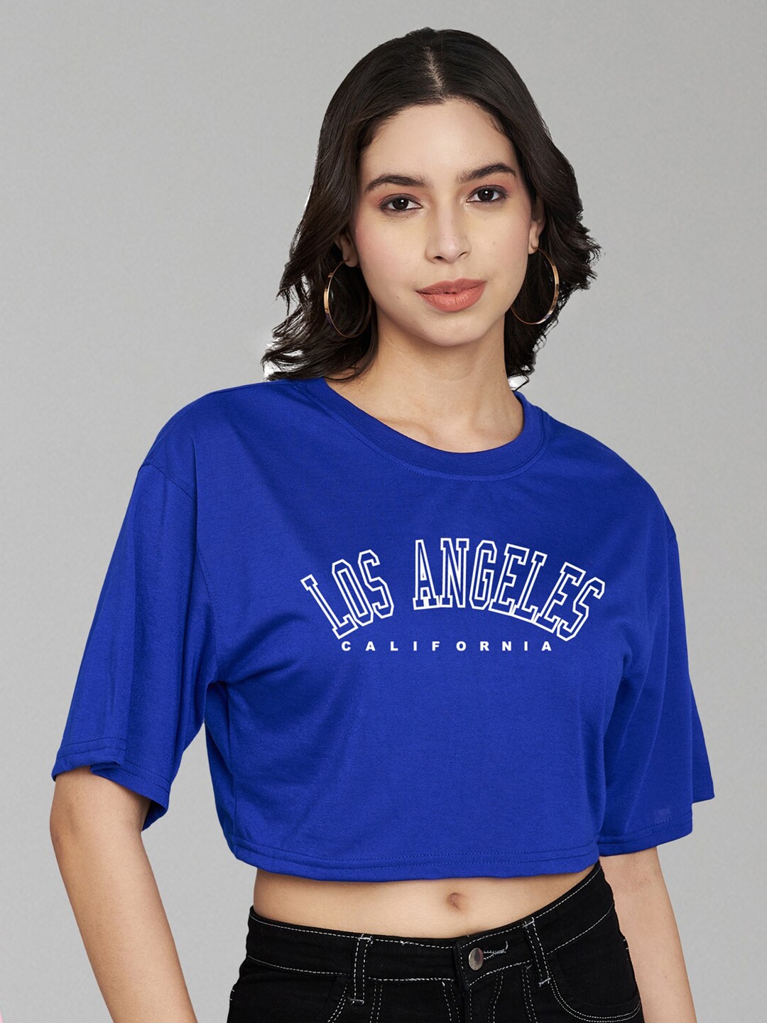 

Trend Level Typography Printed Cotton Crop T-shirt, Blue