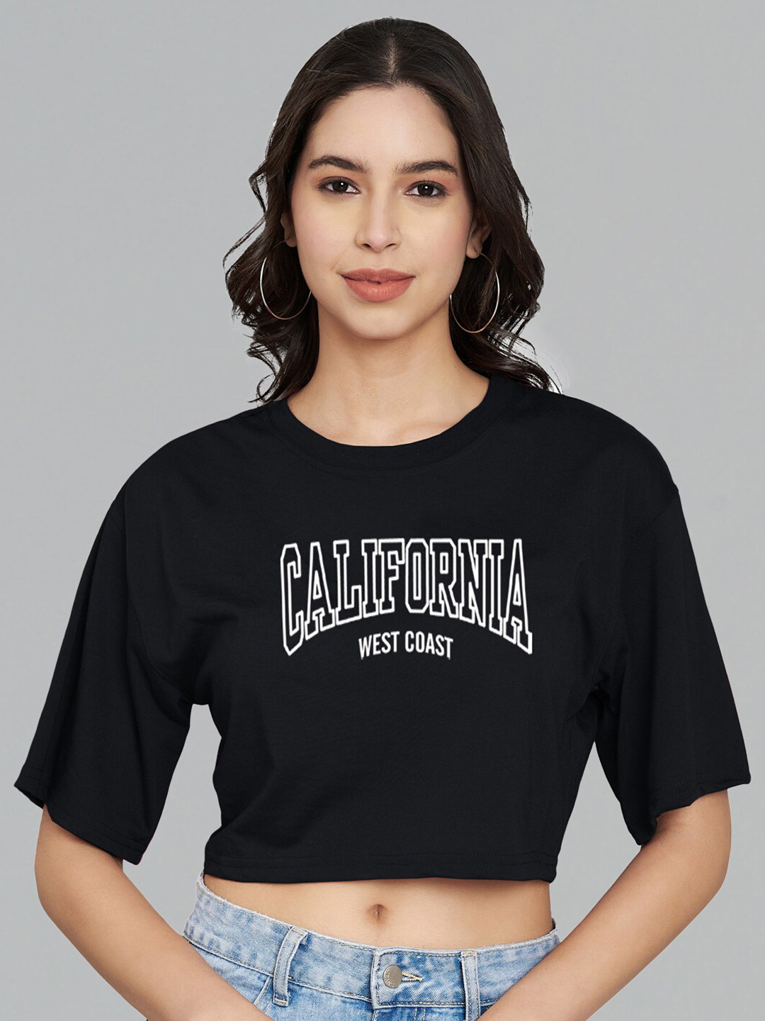 

Trend Level Typography Printed Round Neck Drop-Shoulder Sleeves Cotton Crop Boxy T-shirt, Black