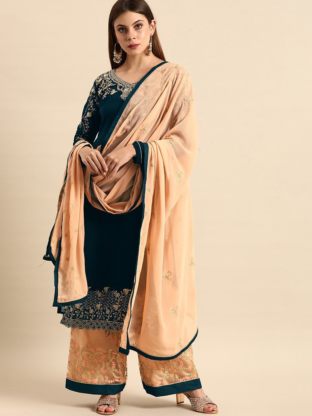 KALINI Ethnic Motifs Embroidered Straight Silk Georgette Kurta With Palazzos & Dupatta, Navy blue