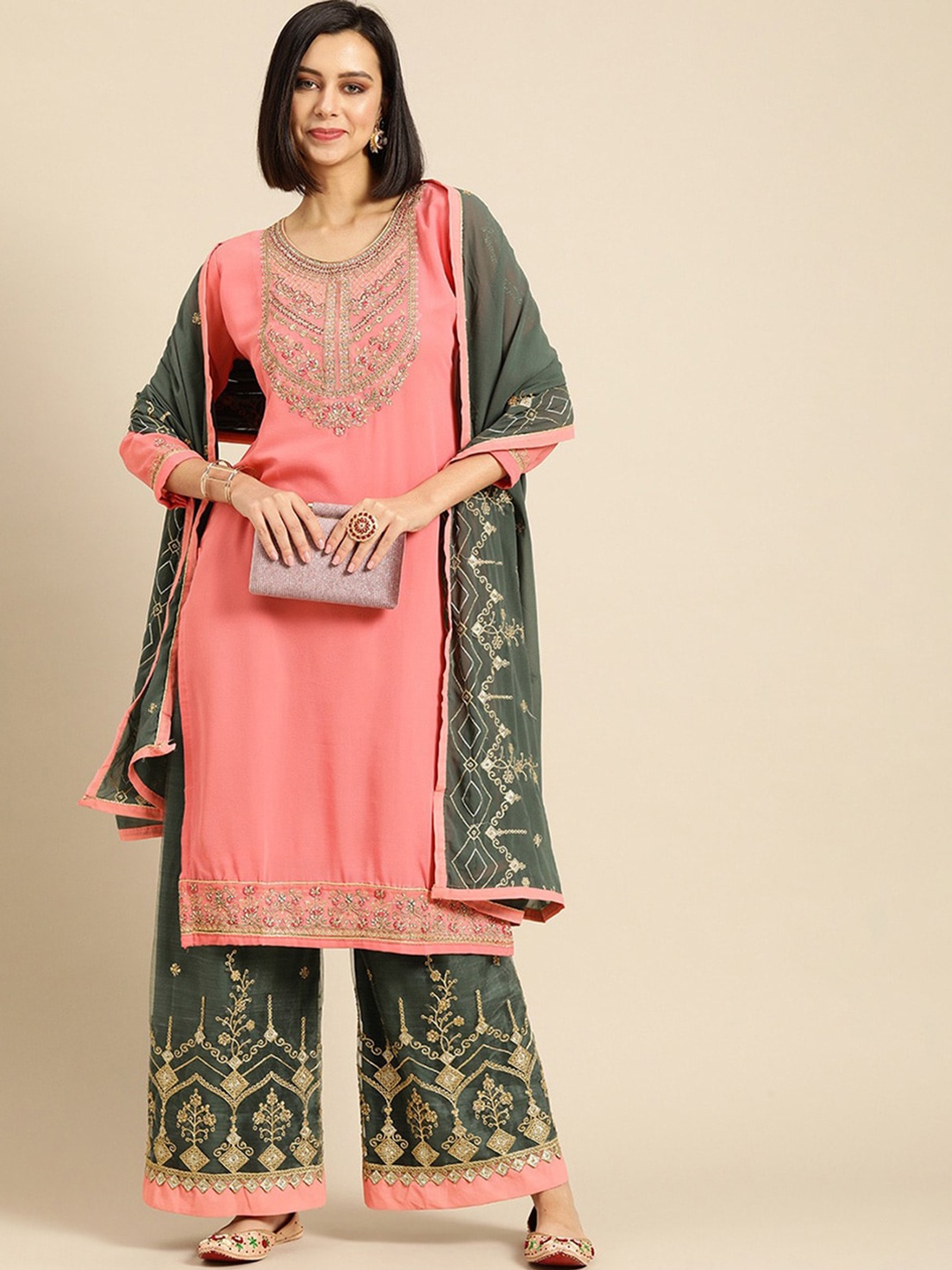 

KALINI Floral Yoke Design Thread Work Silk Georgette Straight Kurta & Skirt With Dupatta, Pink