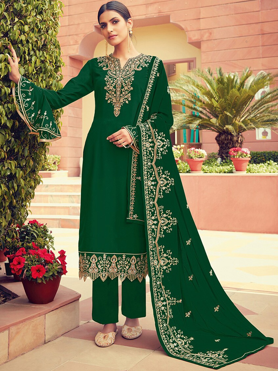 

KALINI Ethnic Motifs Embroidered Silk Georgette Kurta with Sharara & Dupatta, Green