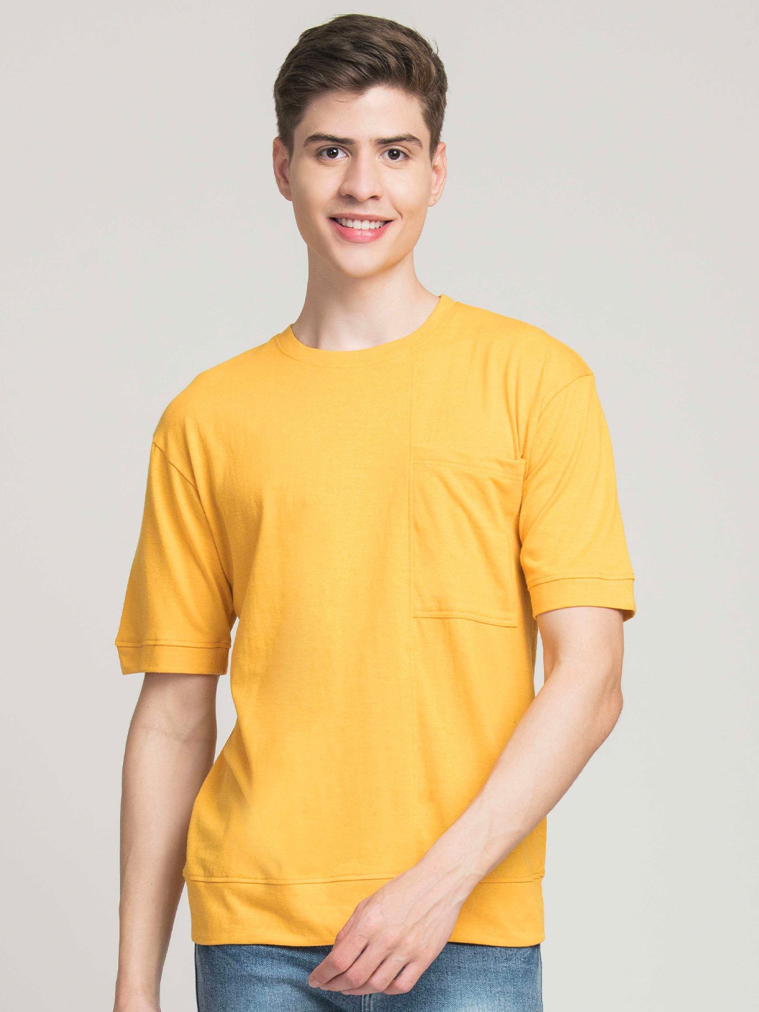 

STYLOGUE Round Neck Drop-Shoulder Sleeves Cotton T-shirt, Yellow