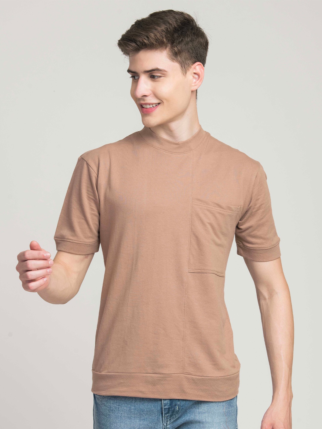 

STYLOGUE Round Neck Cotton Pockets T-shirt, Beige