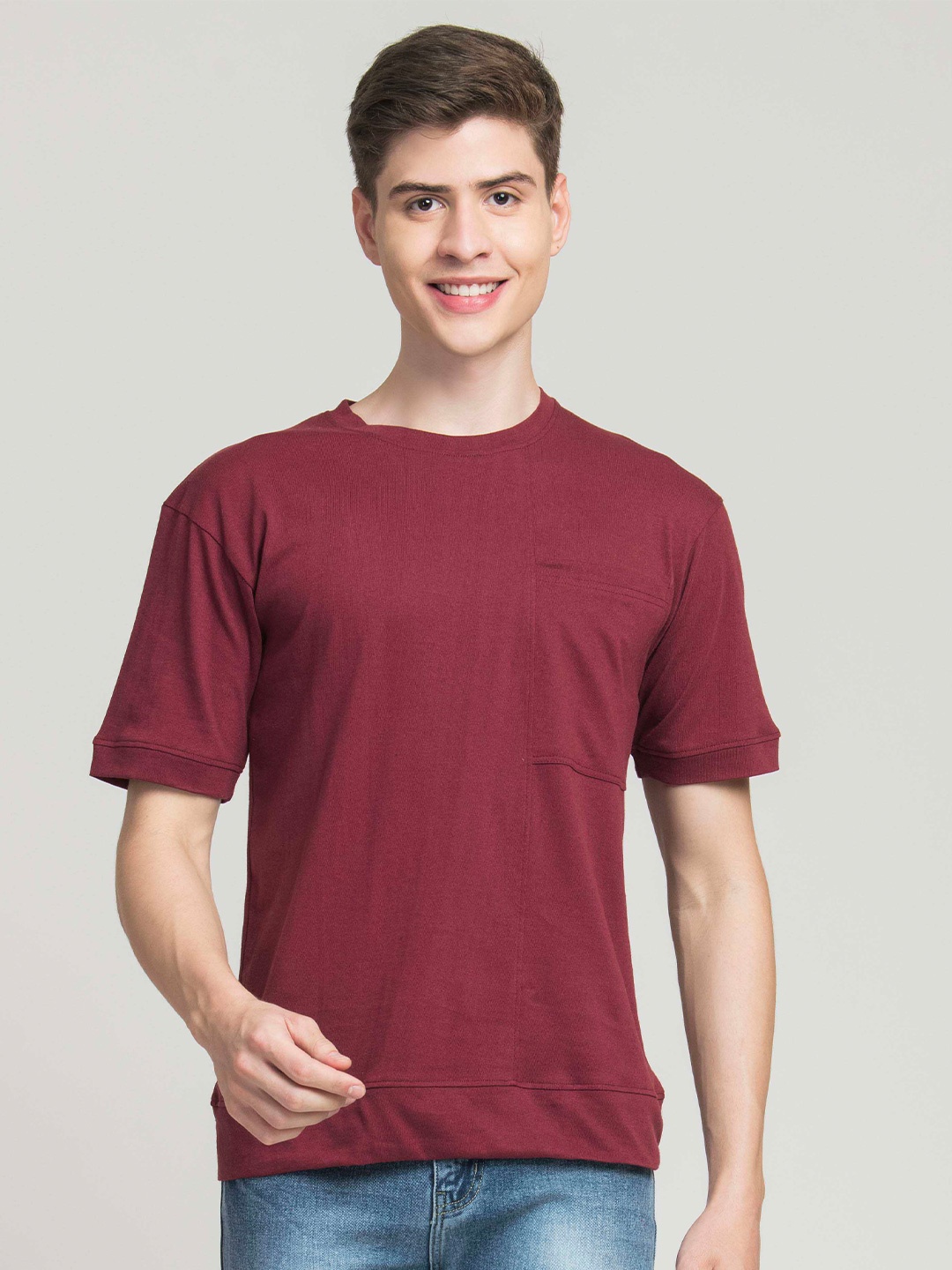 

STYLOGUE Round Neck Drop-Shoulder Sleeves Cotton T-shirt, Maroon