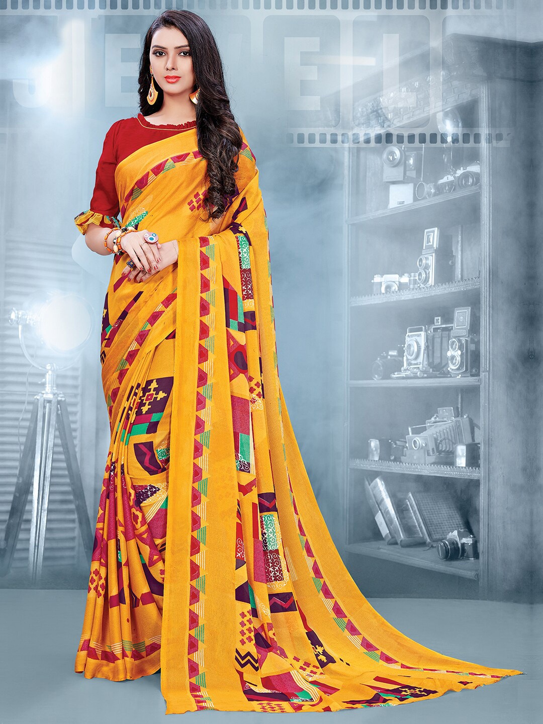 

Shaily Abstract Printed Saree, Mustard