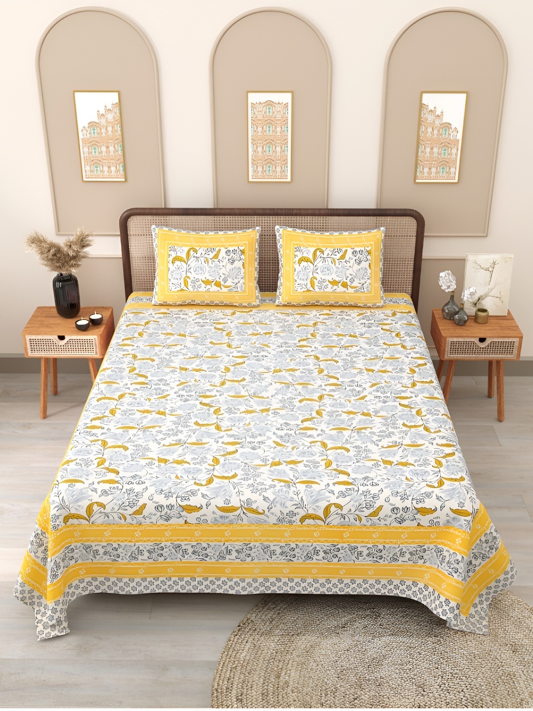 

Block Print Story Grey & Yellow Floral 210 TC Cotton Queen Bedsheet with 2 Pillow Covers