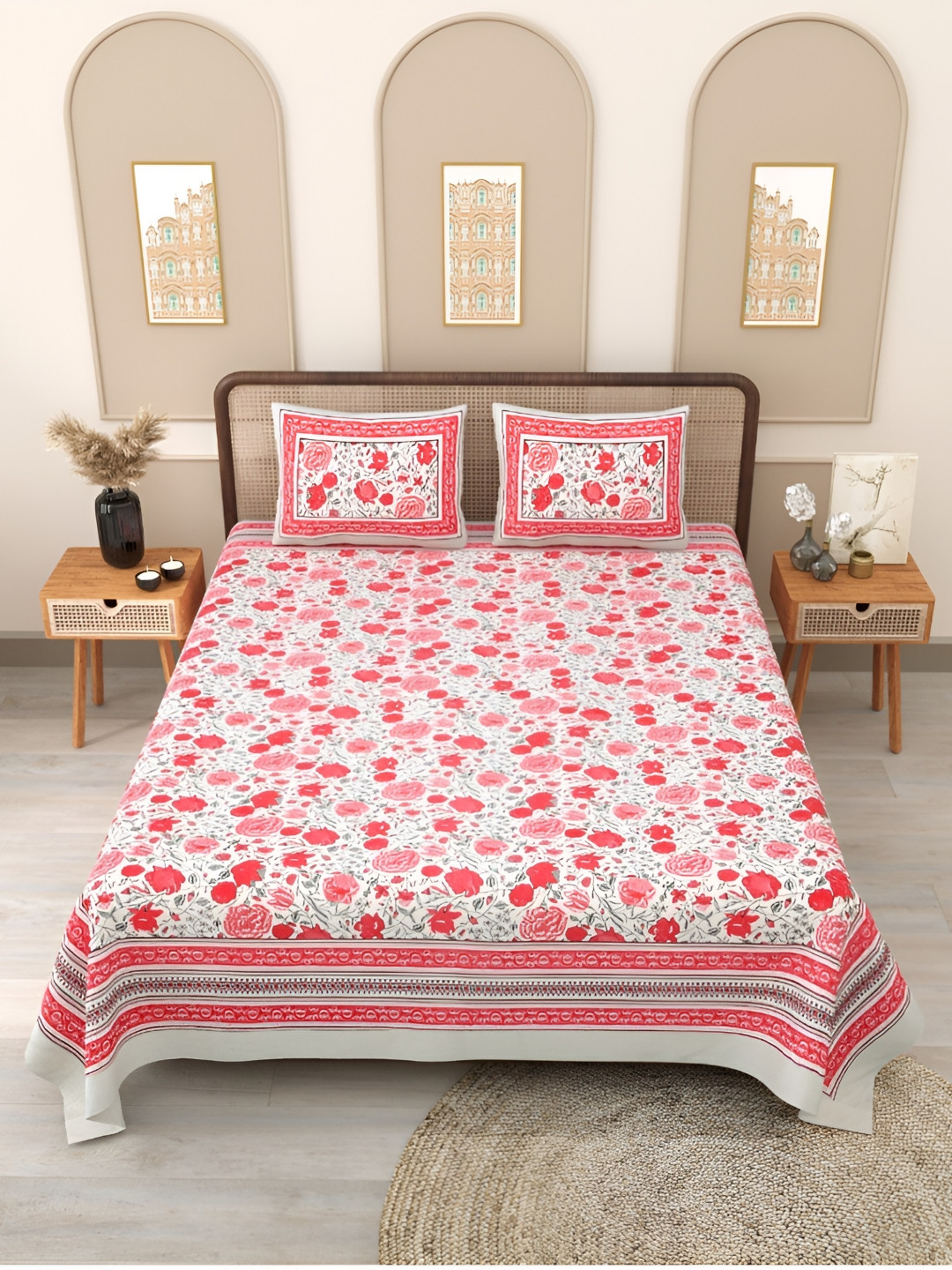 

Block Print Story Red & White Floral 210 TC Cotton Queen Bedsheet with 2 Pillow Covers
