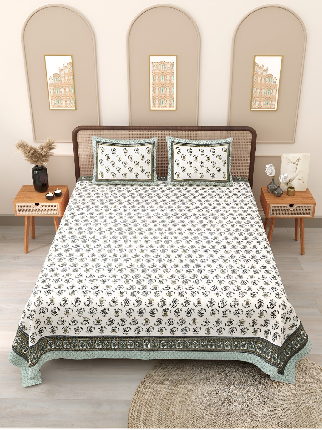 

Block Print Story Grey & White Floral 210 TC Cotton Queen Bedsheet with 2 Pillow Covers
