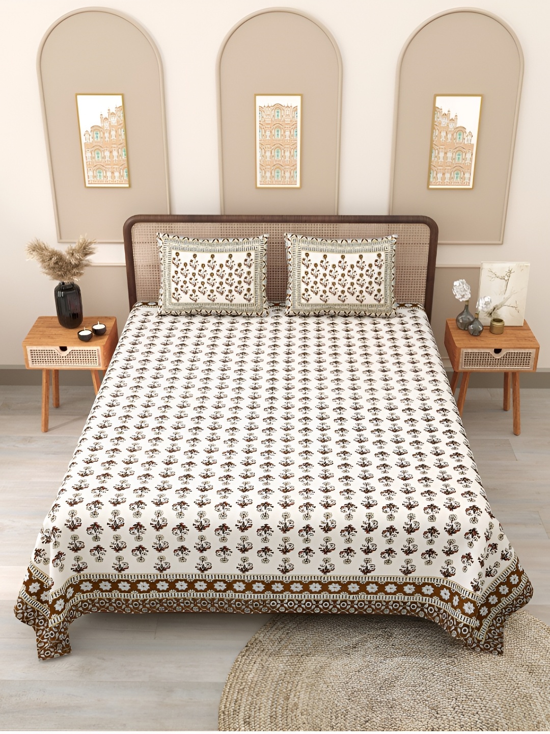 

Block Print Story Yellow & White Floral 210 TC Cotton Queen Bedsheet with 2 Pillow Covers