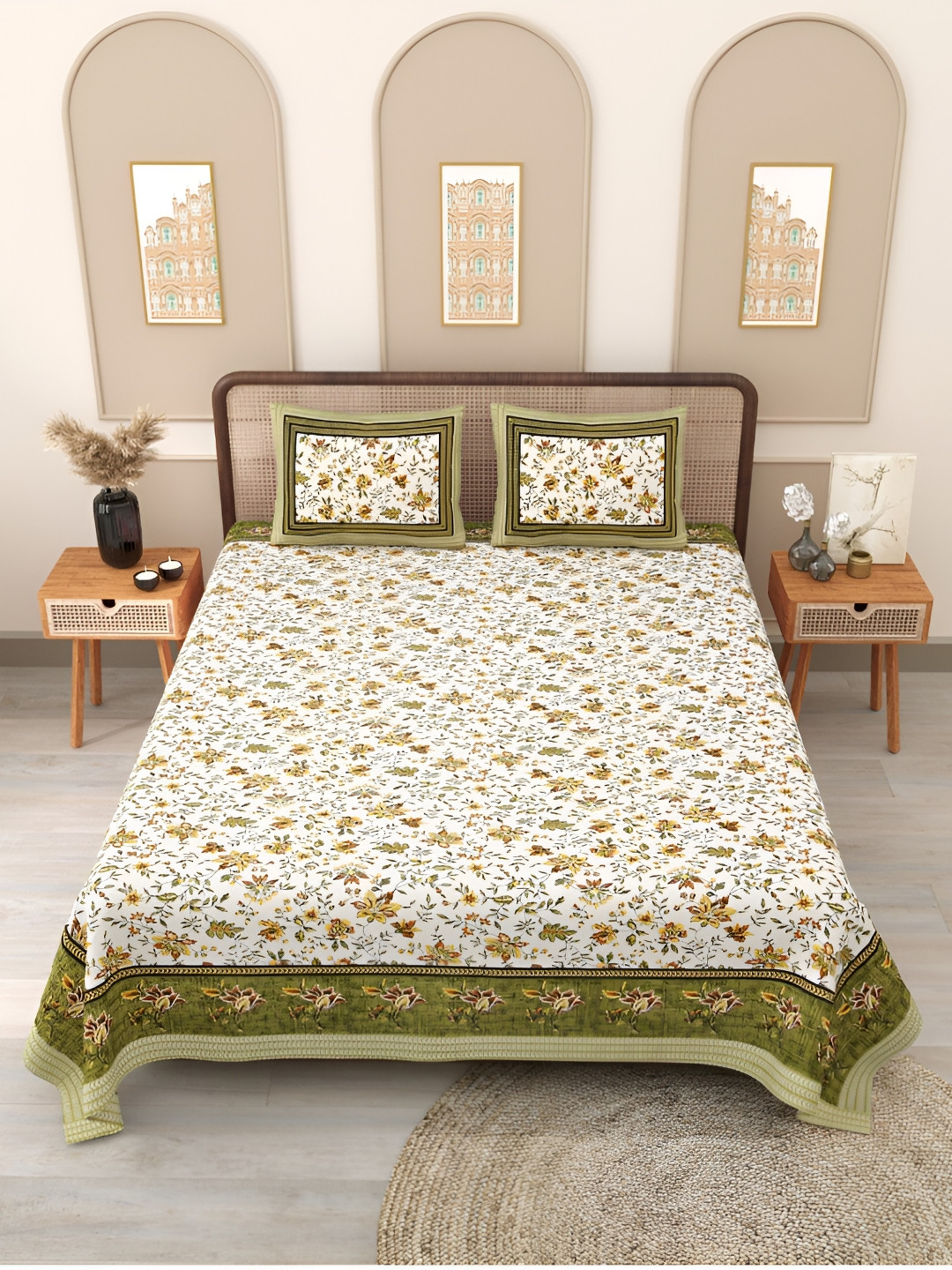 

Block Print Story Green & White Floral 210 TC Cotton Queen Bedsheet with 2 Pillow Covers
