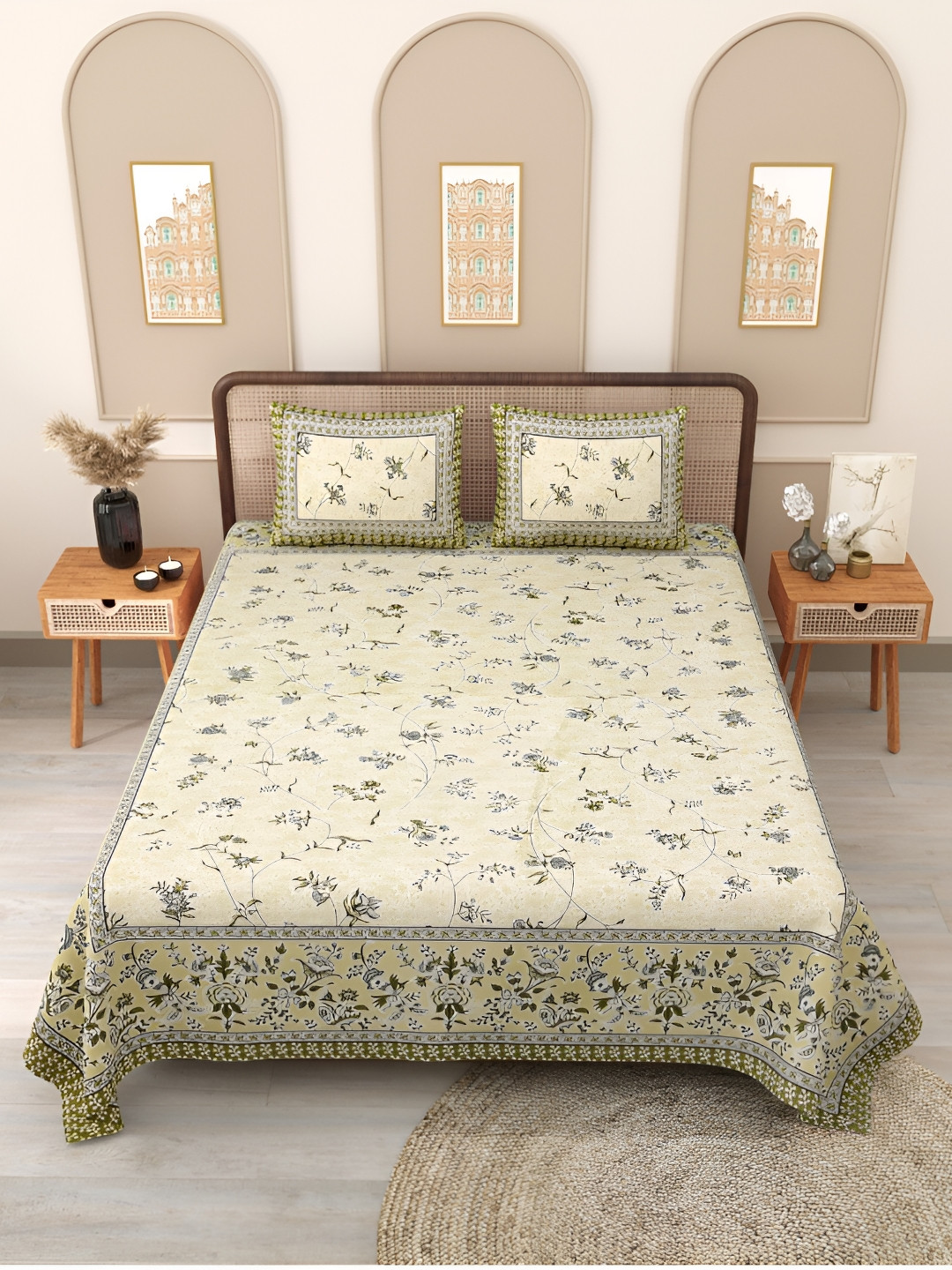 

Block Print Story Green & White Floral 210 TC Cotton Queen Bedsheet with 2 Pillow Covers
