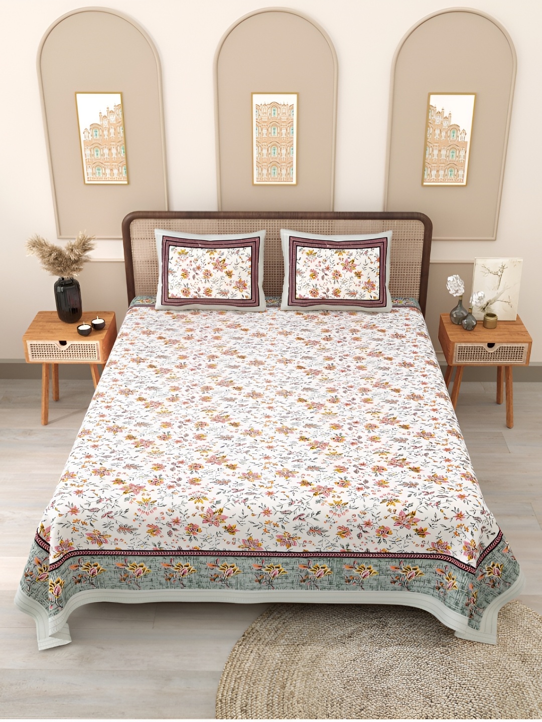

Block Print Story Grey & White Floral 210 TC Cotton Queen Bedsheet with 2 Pillow Covers