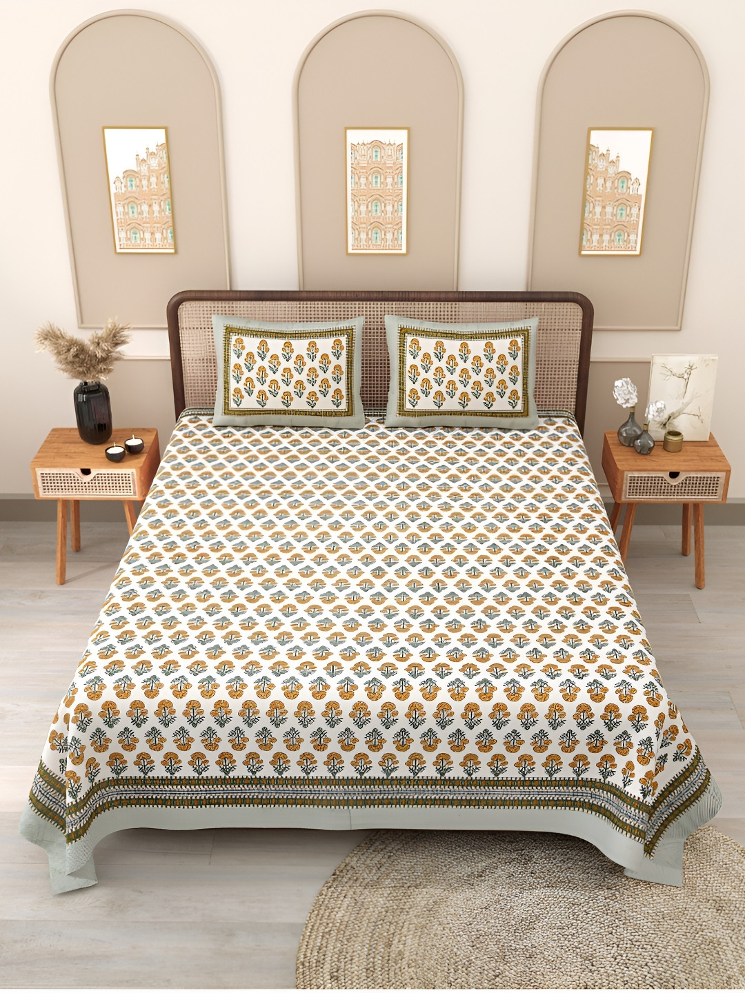 

Block Print Story Yellow & White Floral 210 TC Cotton Queen Bedsheet with 2 Pillow Covers