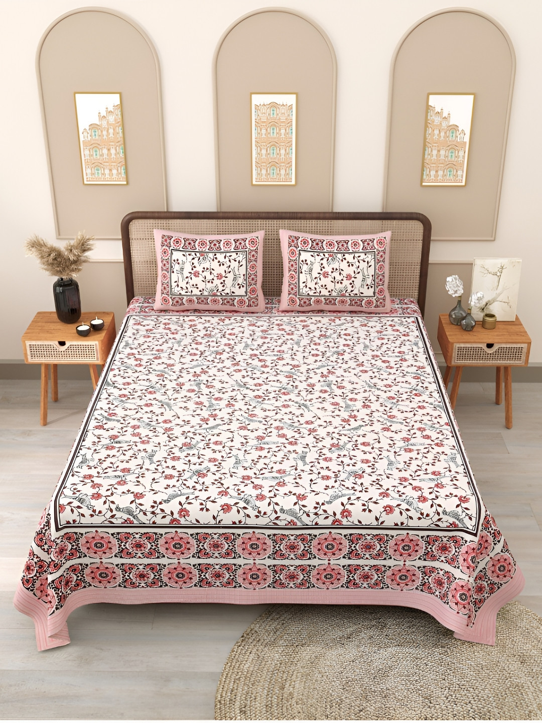 

Block Print Story Red & Off White Floral 210 TC Cotton Queen Bedsheet with 2 Pillow Covers