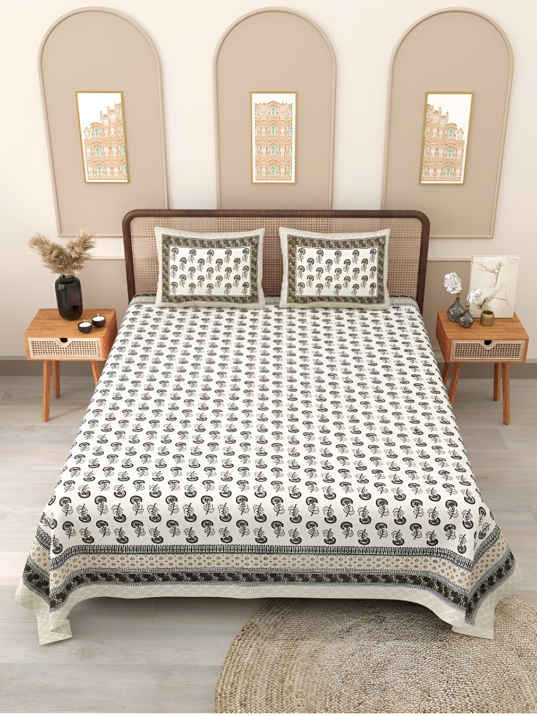 

Block Print Story Grey Ethnic Motifs 210 TC Cotton Queen Bedsheet with 2 Pillow Covers