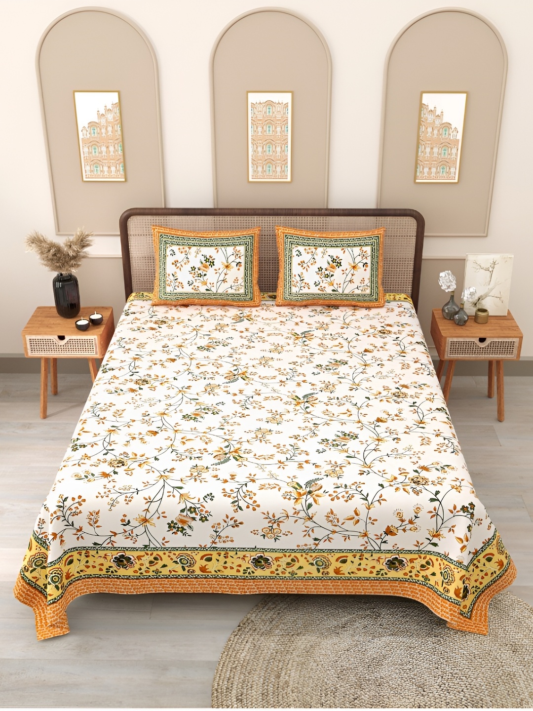 

Block Print Story Orange & White Floral 210 TC Cotton Queen Bedsheet with 2 Pillow Covers