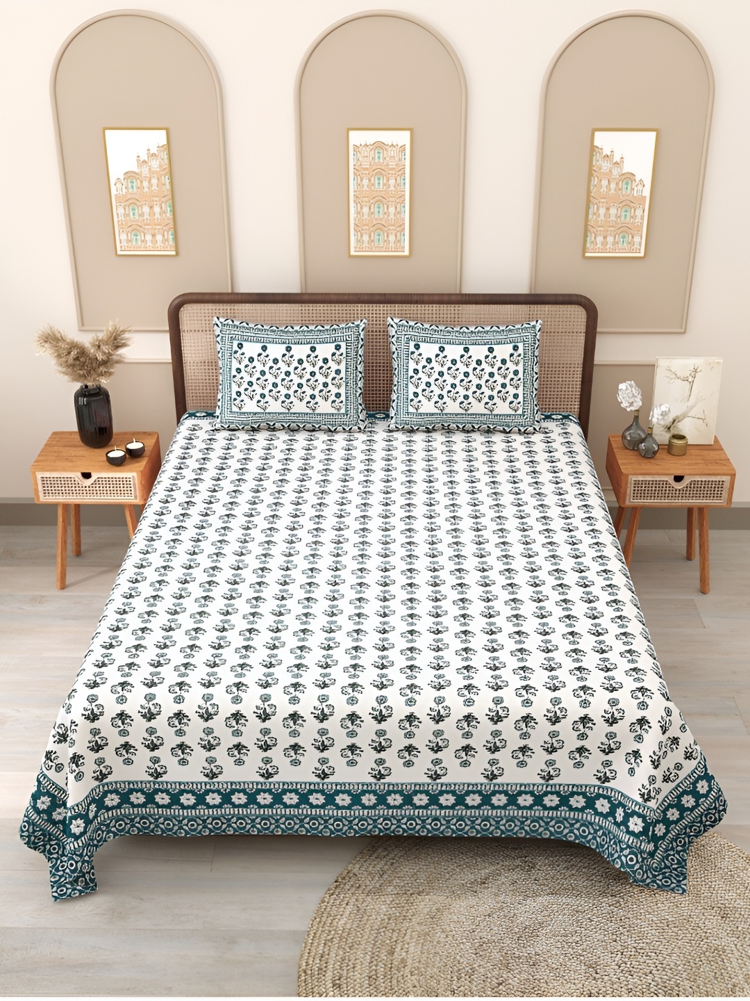 

Block Print Story Green & White Floral 210 TC Cotton Queen Bedsheet with 2 Pillow Covers