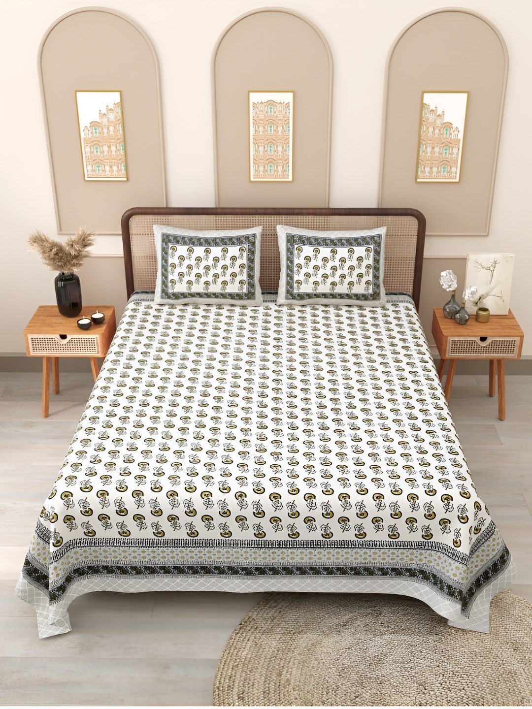 

Block Print Story Yellow & White Floral 210 TC Cotton Queen Bedsheet with 2 Pillow Covers