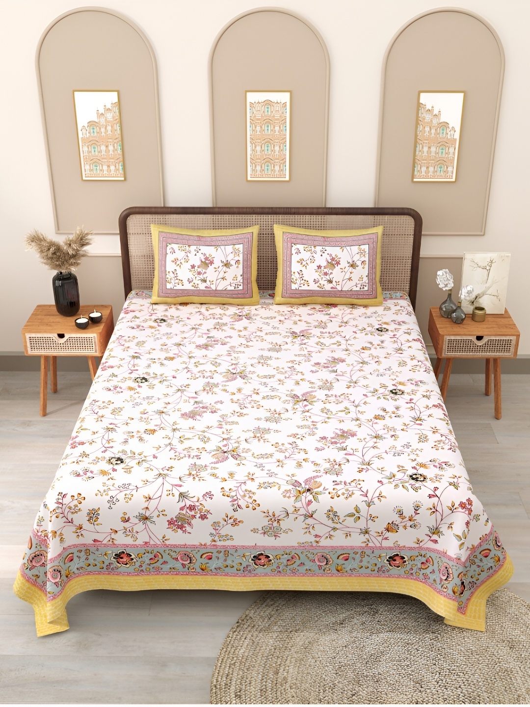 

Block Print Story Pink Floral 210 TC Cotton Queen Bedsheet with 2 Pillow Covers