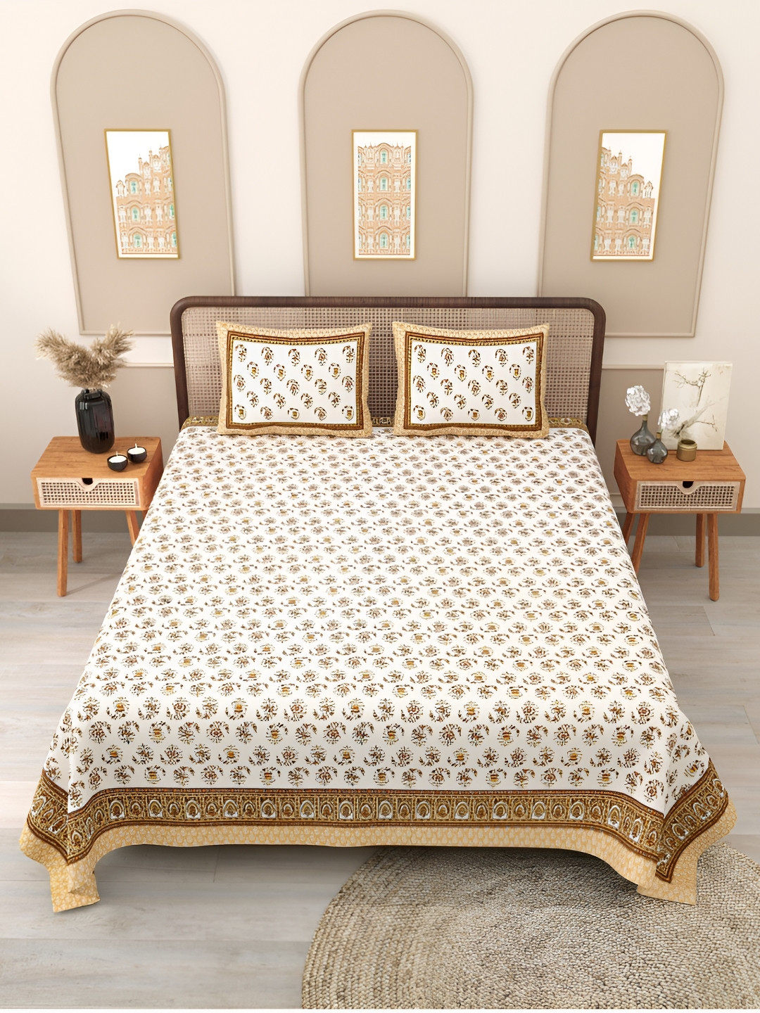 

Block Print Story Brown & White Floral 210 TC Cotton Queen Bedsheet with 2 Pillow Covers